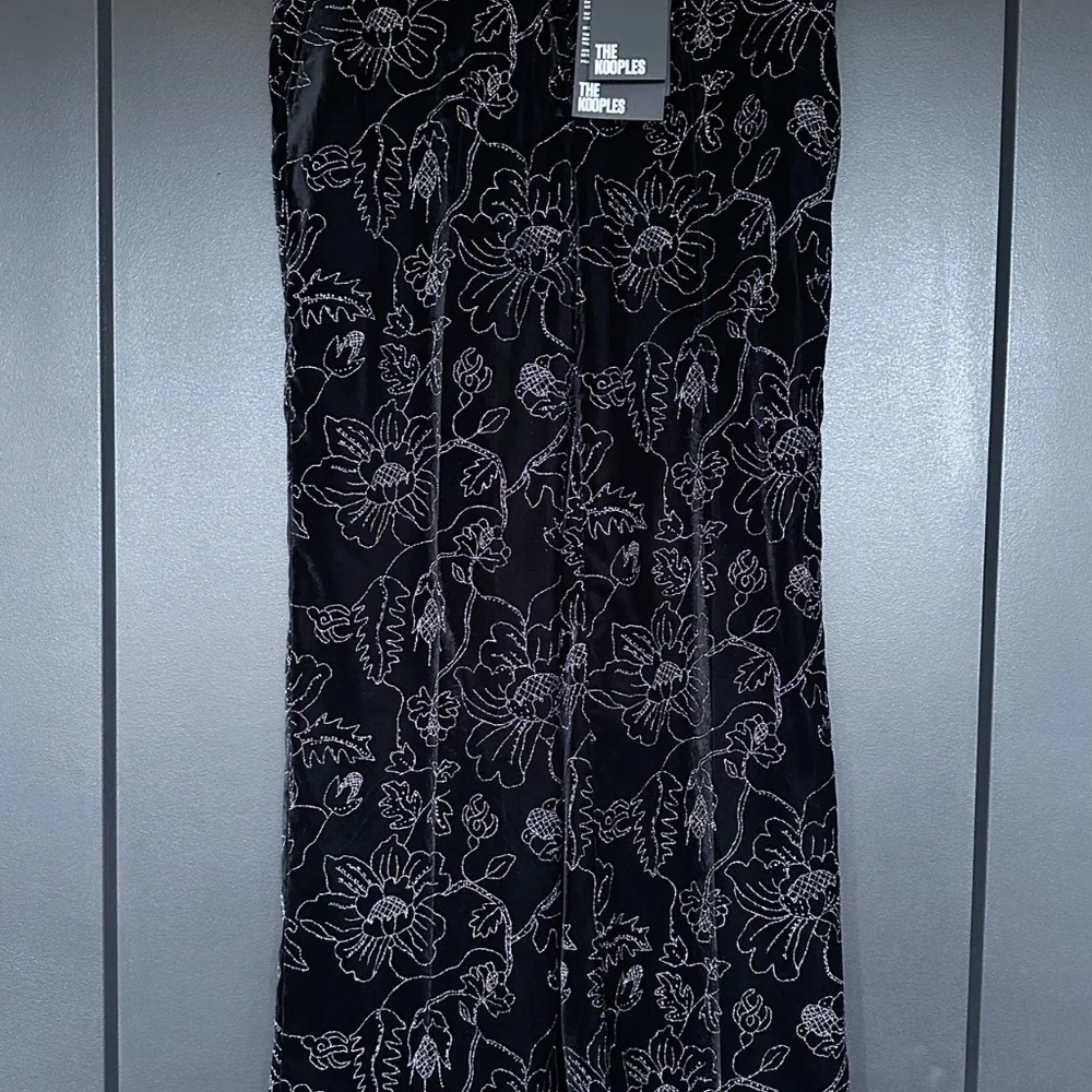 NWT | The Kooples | Black Velvet Trousers with Embroidered Metallic Floral Print - Picture 7 of 11
